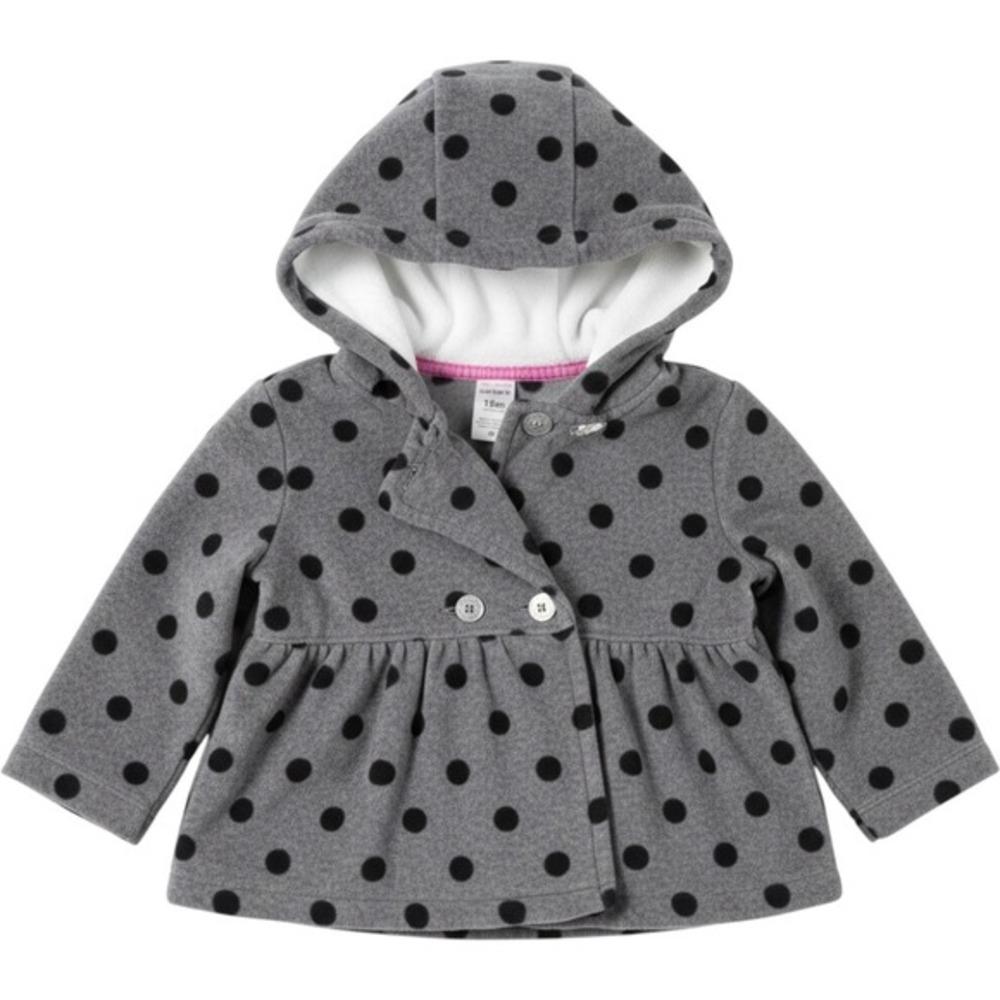 Carters Baby Girls Gray Black Polka Dot Fleece Hooded Peacoat Jacket 18M NWT‎